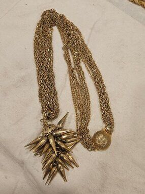 Vintage 1970s Multi Strand Gold Tone Spiked Tassel Pendant Necklace 24"